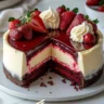 Red Velvet Strawberry Cheesecake with fresh strawberries on top