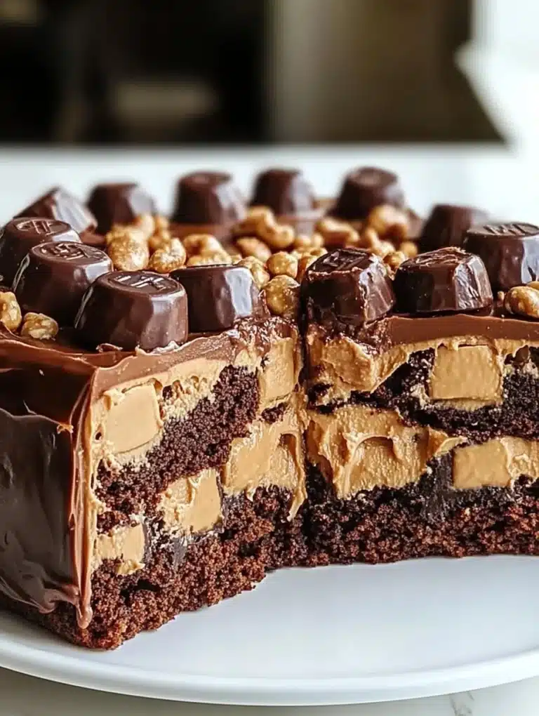 Delicious Reese's Peanut Butter Earthquake Cake topped with chocolate and peanut butter.