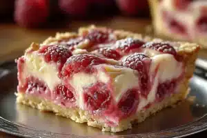 Delicious rhubarb custard bars topped with fresh rhubarb