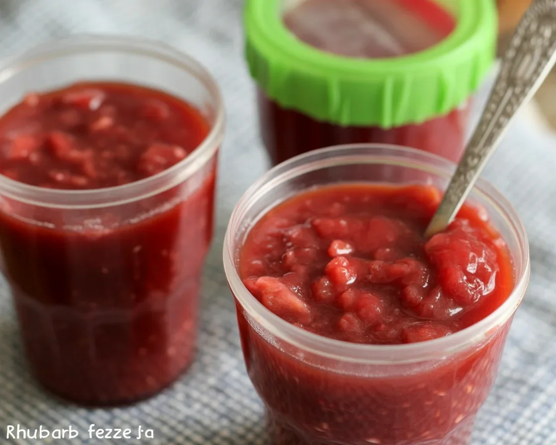 Jar of homemade Rhubarb Freezer Jam showcasing its vibrant color and texture.