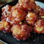 Freshly cooked rhubarb fritters served on a plate with powdered sugar