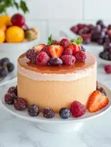 Sliced sangria soaked sponge cake garnished with fresh fruit