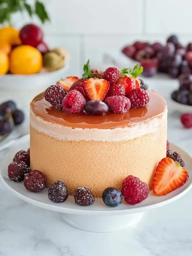 Sliced sangria soaked sponge cake garnished with fresh fruit