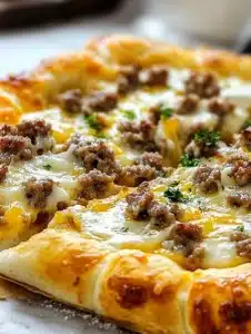 Sausage gravy crescent roll breakfast pizza topped with cheese and herbs.