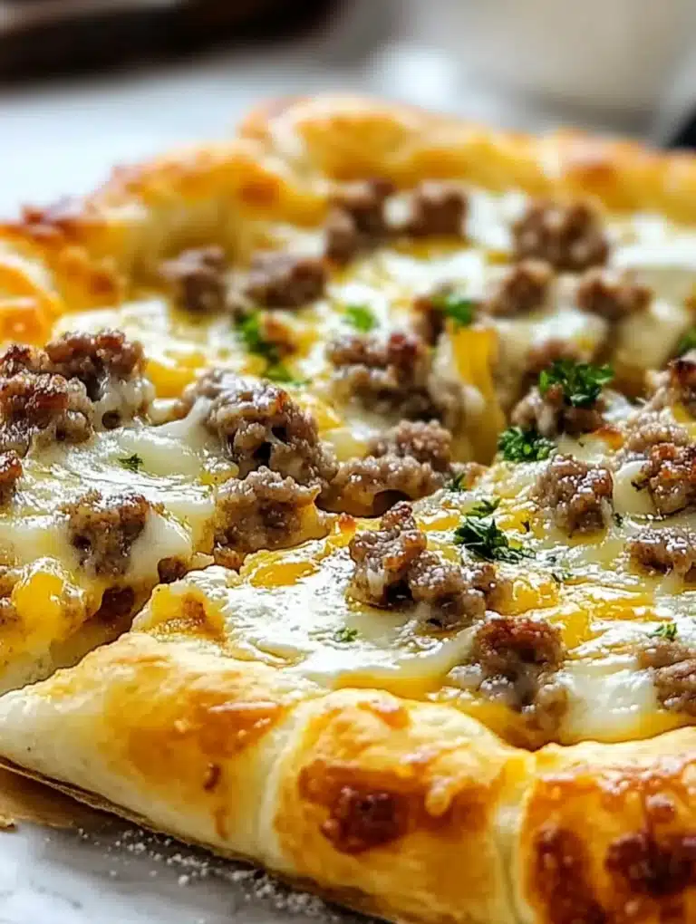 Sausage gravy crescent roll breakfast pizza topped with cheese and herbs.