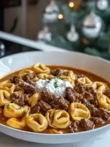 Skillet Beef Stroganoff Tortellini served in a bowl garnished with parsley