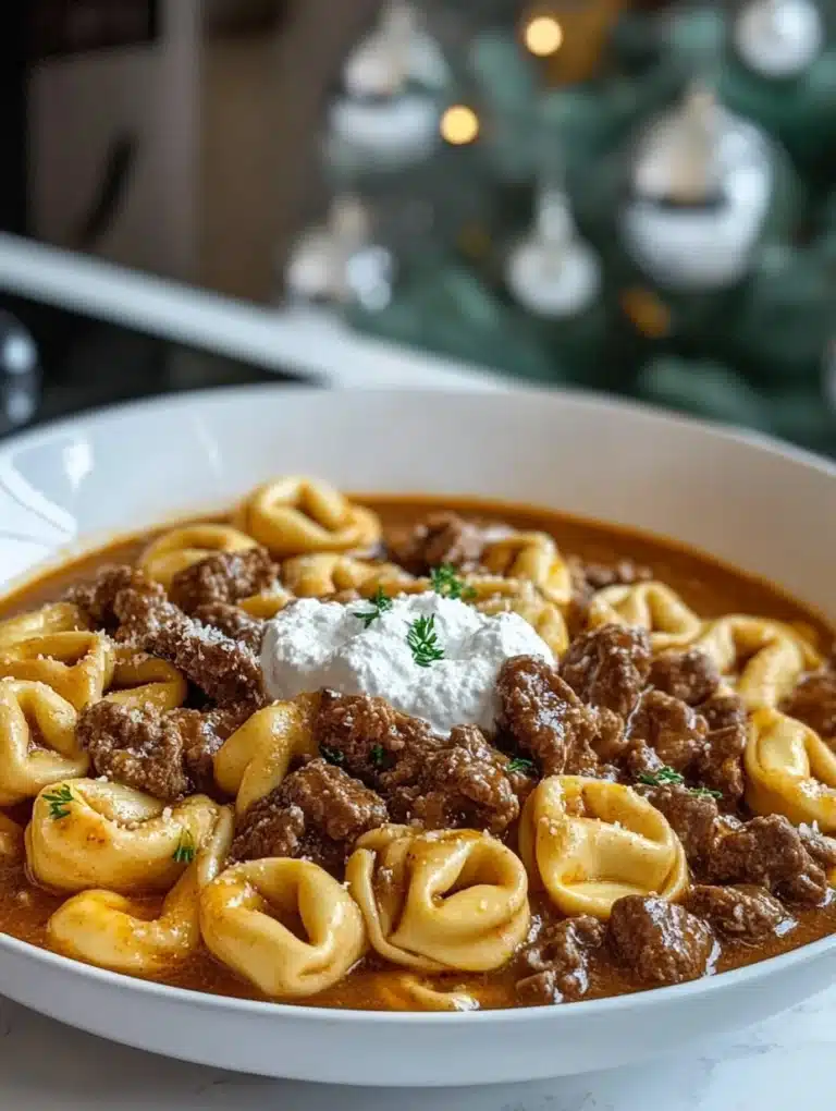Skillet Beef Stroganoff Tortellini served in a bowl garnished with parsley