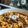 Skillet Beef Stroganoff Tortellini served in a bowl garnished with parsley