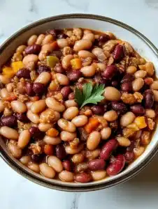 Bowl of delicious slow cooker cowboy beans with spices
