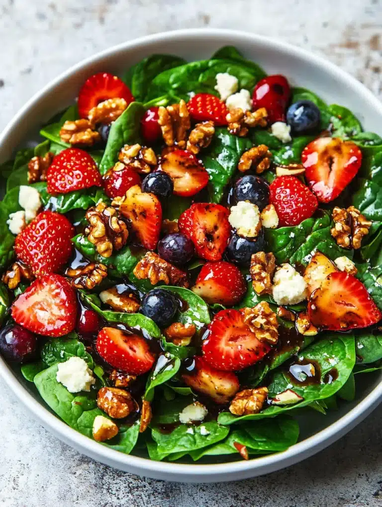Fresh Spinach Strawberry Salad with Balsamic Dressing garnished with nuts