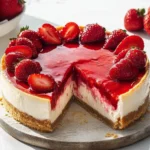 Delicious homemade strawberry cheesecake topped with fresh strawberries.