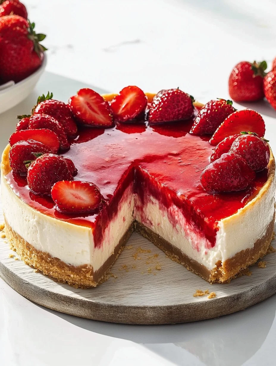 Delicious homemade strawberry cheesecake topped with fresh strawberries.