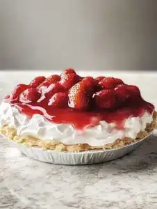 Strawberry Cool Whip Pie topped with fresh strawberries and whipped cream