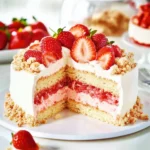 Delicious strawberry crunch cheesecake cake with fresh strawberries on top