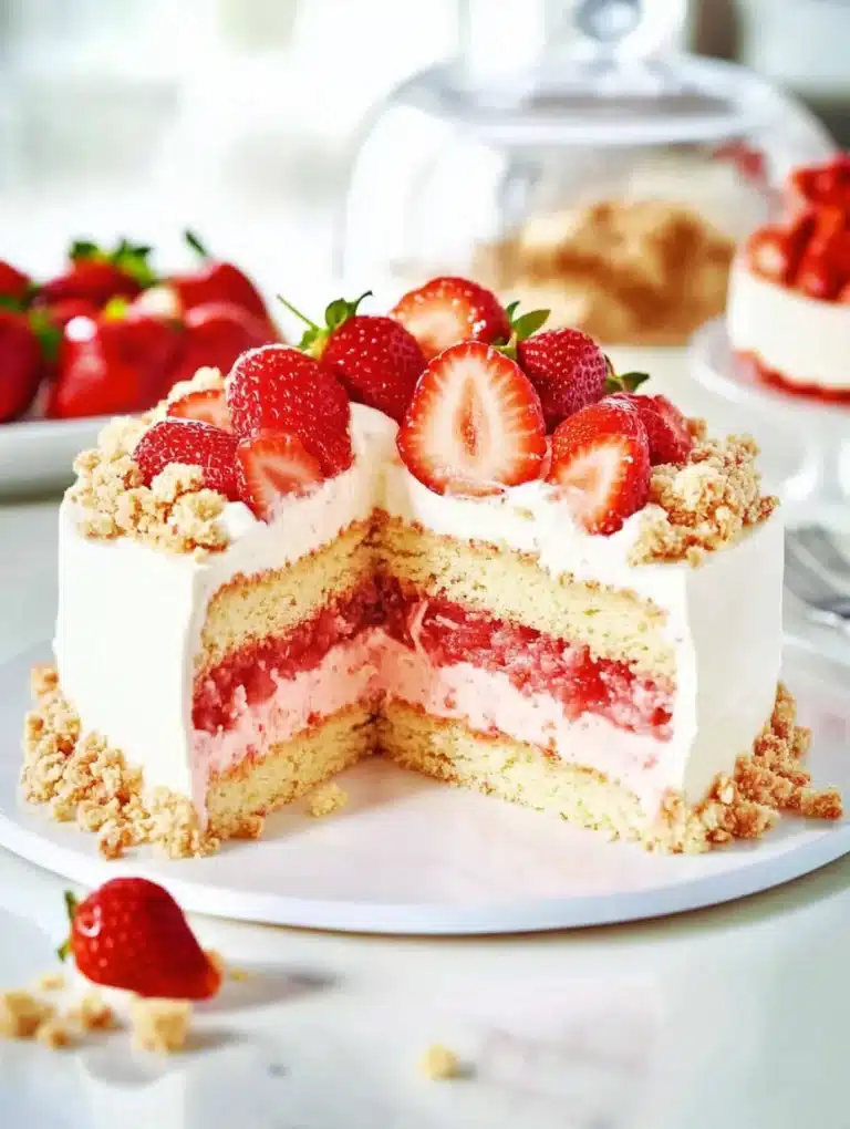 Delicious strawberry crunch cheesecake cake with fresh strawberries on top