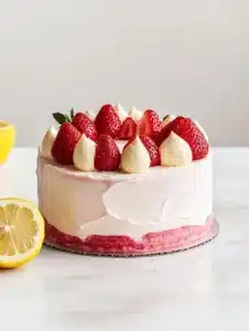 Sliced Strawberry Lemon Cake decorated with strawberries and lemon zest