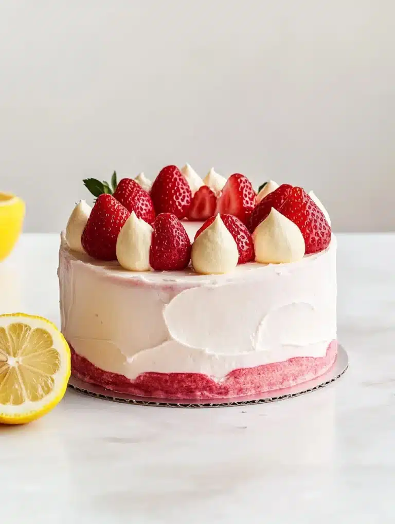 Sliced Strawberry Lemon Cake decorated with strawberries and lemon zest