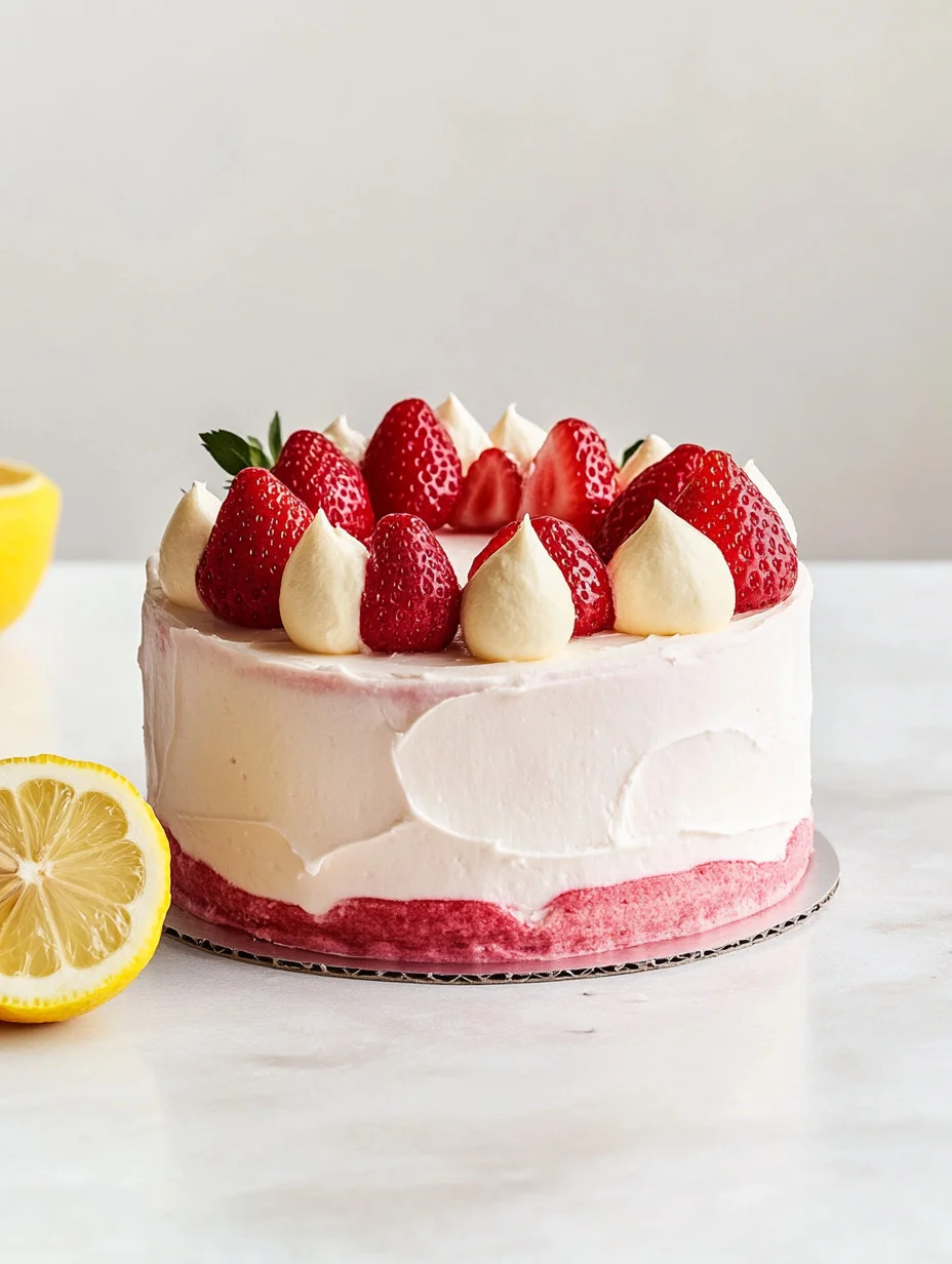 Sliced Strawberry Lemon Cake decorated with strawberries and lemon zest