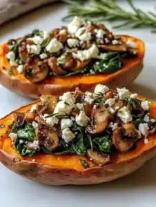 Stuffed sweet potatoes with spinach, mushroom, feta, and rosemary on a plate