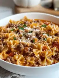 Creamy Velveeta beef pasta with bowtie noodles served in a bowl