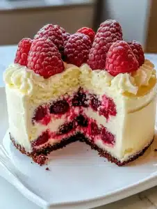 White Chocolate Raspberry Dream Cake topped with fresh raspberries