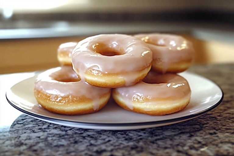 Freshly made glazed doughnuts on a platter
