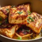 Crispy Air Fryer Halloumi slices served with herbs and a dipping sauce