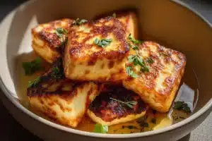 Crispy Air Fryer Halloumi slices served with herbs and a dipping sauce