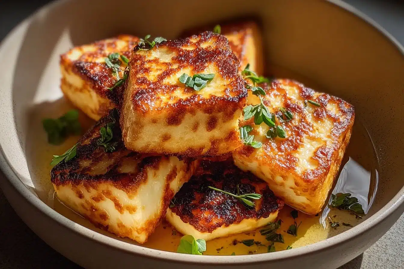 Crispy Air Fryer Halloumi slices served with herbs and a dipping sauce