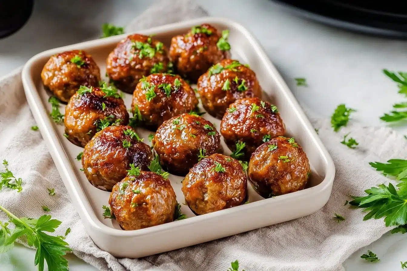 Crispy air fryer meatballs served on a plate with dipping sauce