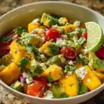 Avocado Mango Salad topped with zesty lime dressing garnished with cilantro