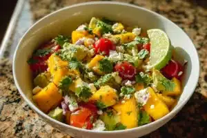 Avocado Mango Salad topped with zesty lime dressing garnished with cilantro