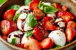 Balsamic Strawberry Caprese Salad with fresh strawberries, mozzarella, and basil