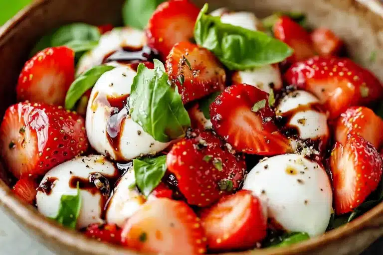 Balsamic Strawberry Caprese Salad with fresh strawberries, mozzarella, and basil