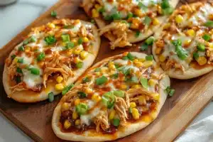 BBQ chicken flatbread topped with grilled chicken, BBQ sauce, and fresh vegetables.