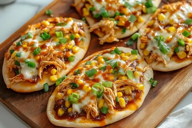 BBQ chicken flatbread topped with grilled chicken, BBQ sauce, and fresh vegetables.