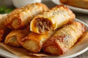 Crispy Beef Cheddar Egg Rolls served with dipping sauce