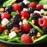 Delicious Berry Spinach Salad with pecans and feta drizzled with balsamic glaze