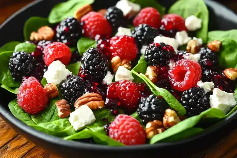 Delicious Berry Spinach Salad with pecans and feta drizzled with balsamic glaze