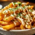 Delicious Cajun Loaded Fries topped with spices, cheese, and toppings