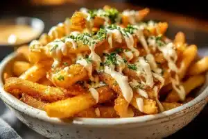 Delicious Cajun Loaded Fries topped with spices, cheese, and toppings