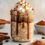Healthy Caramel Macchiato Overnight Oats with coffee and caramel drizzle