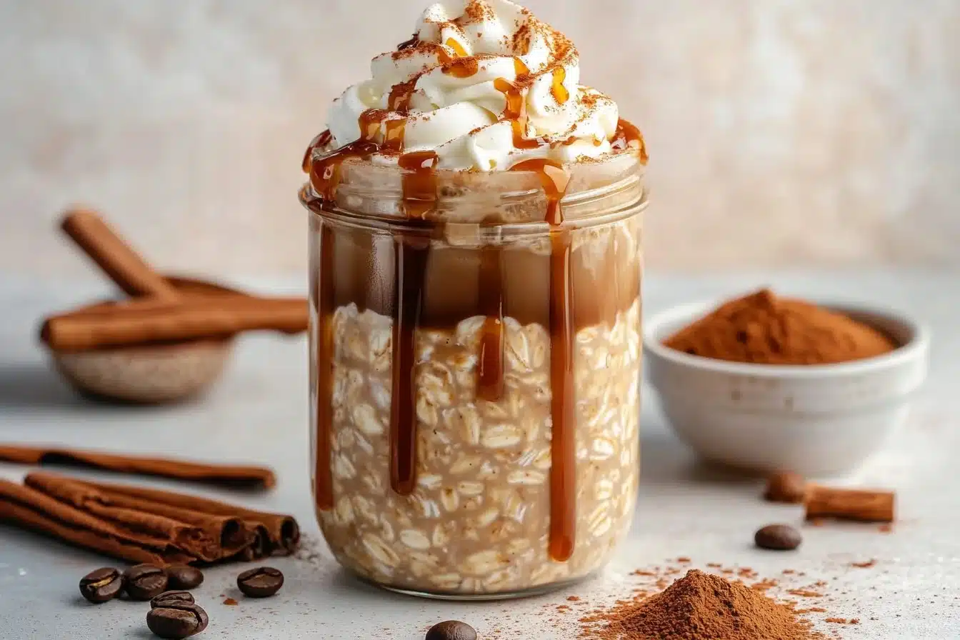 Healthy Caramel Macchiato Overnight Oats with coffee and caramel drizzle