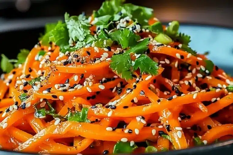 Colorful and refreshing carrot salad with herbs and dressing.