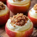 Cheesecake stuffed baked apples drizzled with caramel sauce on a plate