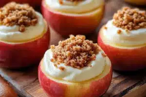 Cheesecake stuffed baked apples drizzled with caramel sauce on a plate