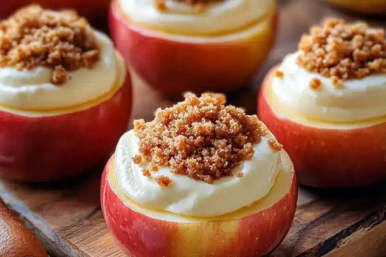 Cheesecake stuffed baked apples drizzled with caramel sauce on a plate