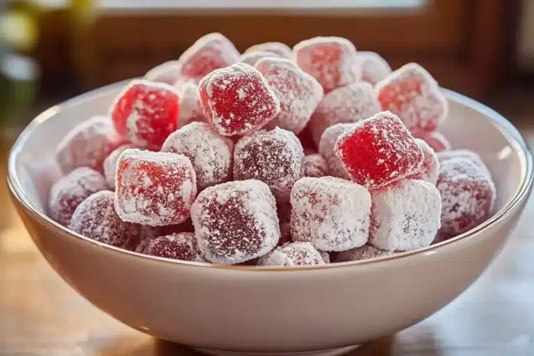 Cherry Cheesecake Puppy Chow dessert with colorful toppings in a bowl