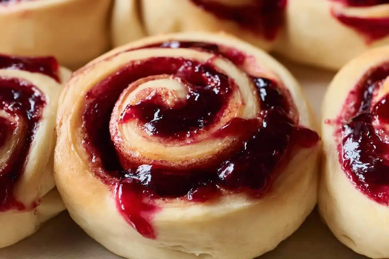 Freshly baked cherry cinnamon rolls with homemade cherry filling and icing.