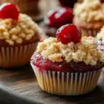 Freshly baked cherry cobbler muffins with a golden crust and cherry topping